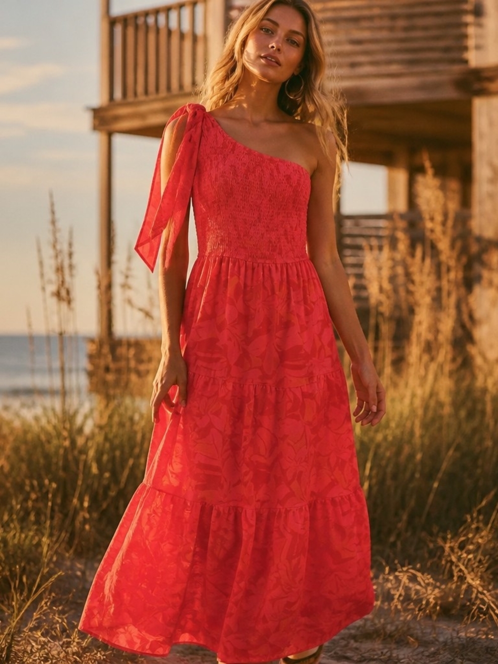 Kin Curvy Asymmetrical One-Shoulder Red Maxi Dress with Tie Detail